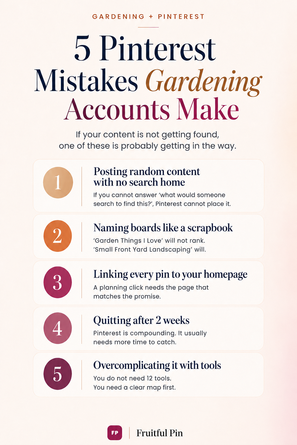 Fruitful Pin graphic listing five Pinterest mistakes gardening accounts make